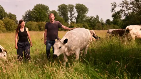 Andrew Montgomery Mrs Allen (left) and Mr Allen (right) with their cows. Mr Allen is stroking one of the cows as they all walk in a field of grass.