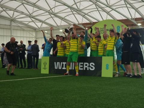 Norwich City CP team celebrating lifting the FA Disability trophy