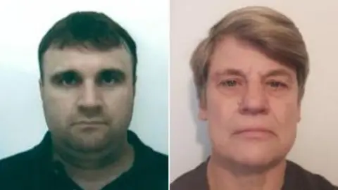 Two passport-style head-and-shoulder images of two people placed side by side. On the left, a person with dark hair and stubbled wearing a black polo shirt. On the right a person with light-brown hair in a side-parting, wearing a dark T-shirt.