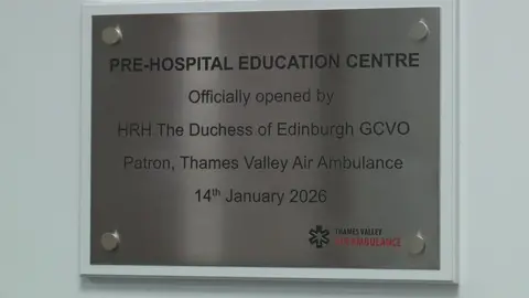 A plaque unveiled to commemorate the visit of Sophie to the facility. It reads "Pre-hospital education centre officially opened by HRH The Duchess of Edinburgh GCVO Patron, Thames Valley Air Ambulance. 14th January 2026."