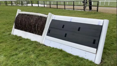 Two of the new black and white jumps at the Cheltenham race course showing dark colours in white frames