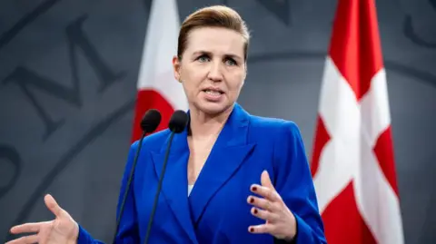 Denmark's Prime Minister Mette Frederiksen wearing a blue suit jacket standing in front of a podium in front of a Danish and a Greenlander flag