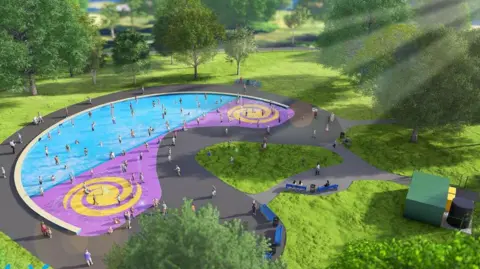 Hull City Council An artist impression of a water play area from an aerial perspective. A large blue, purple and yellow pool shows people standing in the water. The area is framed by green grass, a grey pavement and large green trees.