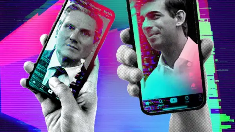BBC A graphic showing two hands holding phones with TikTok videos of Keir Starmer and Rishi Sunak, on a background with the BBC's election logo