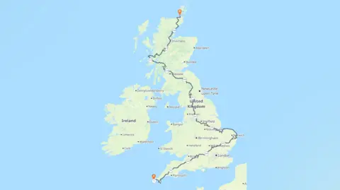 Supplied A map of the UK showing the walking route Mr Sharp will take during his 1,600 mile walking challenge. 