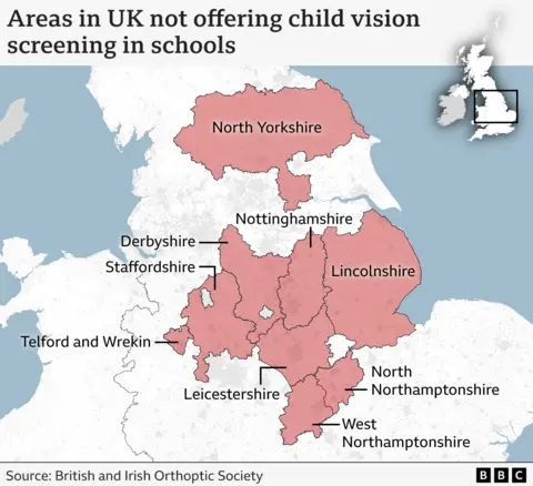 A map of England titled 'Areas in UK not offering vision screening in schools' with various council areas highlighted in red including Nottinghamshire, Leicestershire, West and North Northamptonshire, Telford and Wrekin, Derbyshire, North Yorkshire, Lincolnshire and Staffordshire