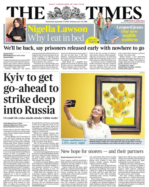 Primeira página do Times com a manchete "Kiev receberá autorização para atacar profundamente a Rússia"