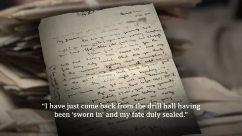 A graphic showing a letter with the quote "I have just come back from the drill hall having been 'sworn in' and my fate duly sealed." above it in white writing.