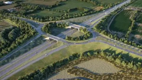 Gloucestershire County Council Computer generated image showing junction 10 of the M5 with four exits and entrances surrounded by green fields.