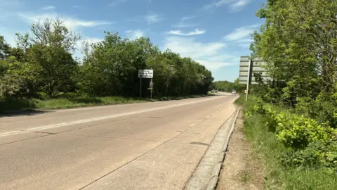 The concrete road into Wellington. It looks faded, worn down and needs resurfacing. There are trees and grassy banks on either side of the road.