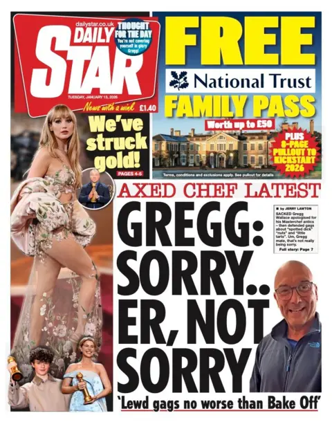 The headline on the front page of the Daily Star reads: "Gregg: sorry... er, not sorry". 