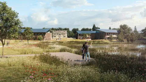 Computer generated image of what a new university campus will look like. The campus, split into several wood-clad buildings, surrounds an old stone building at the back of a large field full of wildflowers surrounding a lake, which two students are looking out over.