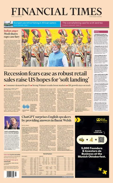 The headline in the Financial Times reads: "Recession fears ease as robust retail sales raise US hopes for 'soft landing'". 