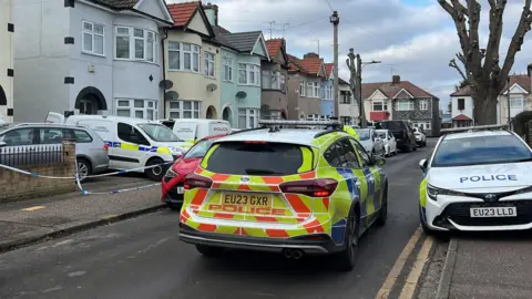 Richard Knights/BBC Two police cars in a residential street. There are a row of houses to the left and a tree to the right. Several police forensic vehicles are outside a house.