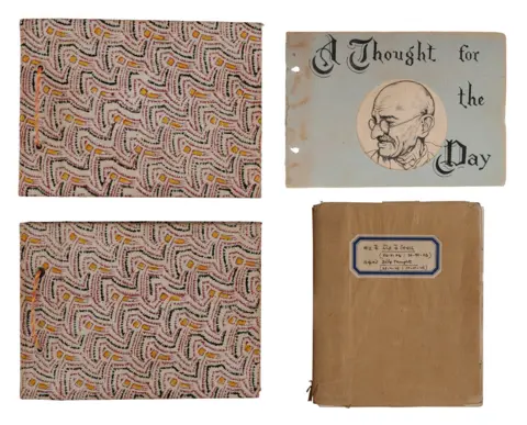 Saffronart Handwritten notes by Mahatma Gandhi which has three folders and a hand drawn picture of Gandhi