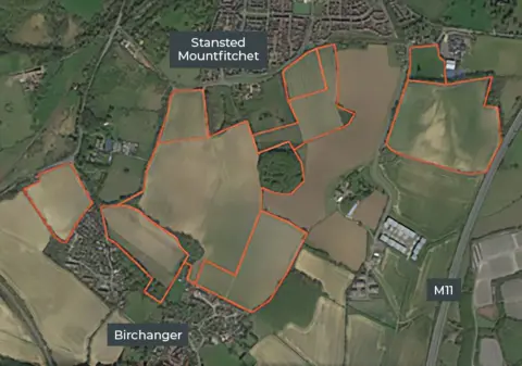 LDRS/City and Country A satellite image of the land earmarked for development. It has tags showing the M11 to the east, the village of Birchanger to the south and Stansted Mountfitchet to the north. There are red lines showing the land where homes could be built on fields.