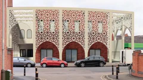 Hickman & Smith Architects Artist impression of a street view of the new two-storey mosque in Evington Valley Road, Leicester, with cars parked at the front