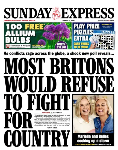 The headline on the front of the Sunday Express reads: "Most Britons would refuse to fight for country" 