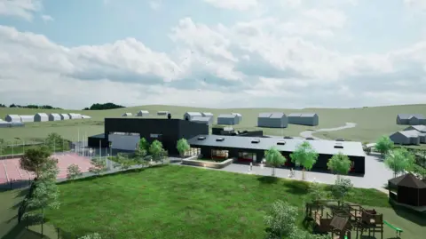 A visualisation showing the new school and community facilities. The school is a modern building in an area of green space.