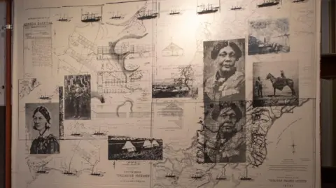 A canvas featuring Jacqueline Braithwaite's work in black and white with hospital design plans visible, overlapped with portraits of women and map features. 