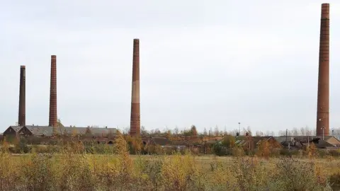 Four chimneys at a former brickworks, near Bedford. They stand tall against a grey sky. There are a few brick buildings between the chimneys and scrubland in the foreground.