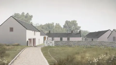 Collective Architecture An artist's impression showing a cobbled path through grassland towards a courtyard surrounded by white buildings. 