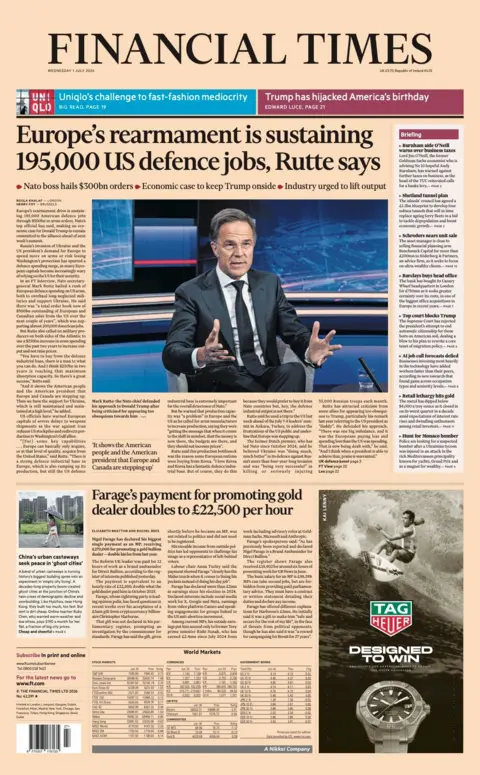 "Europe's rearmamaent is sustaining 195,000 US defence jobs, Rutte says" reads the headline on the front page of the Financial Times. 