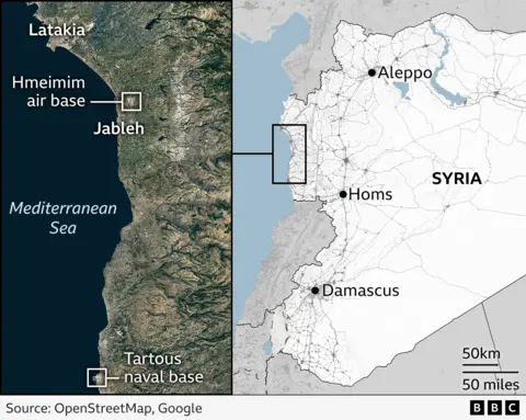 A map showing the location of Russia's two military bases in Syria. Both are in the west of the country, in the Latakia region, on the Mediterranean coast. The Hmeimim air base is south of the city of Latakia and around two miles (3 kilometres) inland from the town of Jableh. The Tartous naval base is around 40 miles (60 kilometres) further south in the town of the same name.