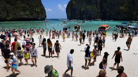 Getty Images Maya Bay crowded with tourists in April 2018.