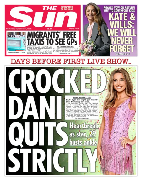 "Crocked Dani quits Strictly" reads the headline of the front page of The Sun.