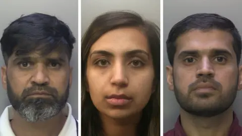 Surrey Police Side-by-side mugshots of Sharif, Batool and Malik.