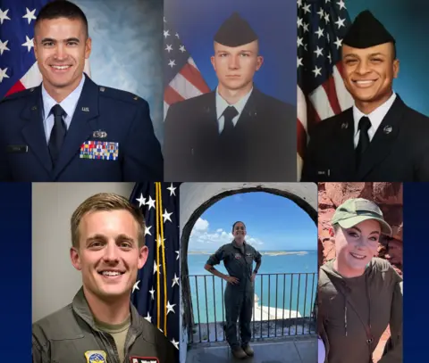 Steven Nordhaus / X The six crew members of the crashed KC-135 (top row - left to right: Seth Koval, Curtis Angst, Tyler Simmons; bottom row - left to right: John Klinner, Ariana Savino and Ashley Pruitt)