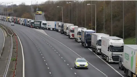 PA Media Lorries queuing on the M20 in Kent to use the Channel Tunnel in November