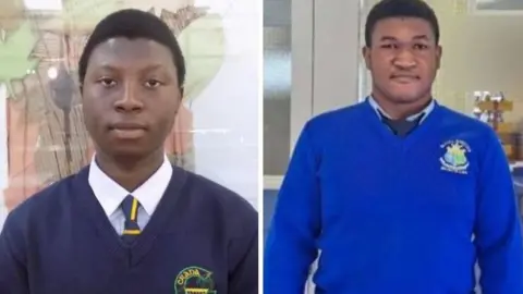 Composite image of two, dark haired schoolboys, both wearing school uniforms - blue jumpers and shirts, with navy ties.