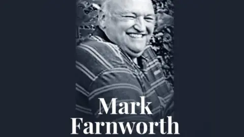 Preston North End Tribute image of Mark which is black and white. White text reading out his name sits below. Mark is mid-laugh and looks towards the camera in a striped shirt.