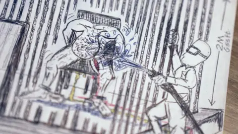 Abu Zubaydah An illustration shows a man tied to a chair, bending forward, as his face is sprayed