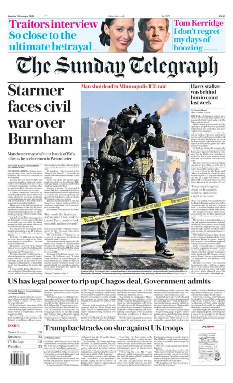 "Starmer faces civil war over Burnham" reads the headline on the front page of the Sunday Telegraph. 