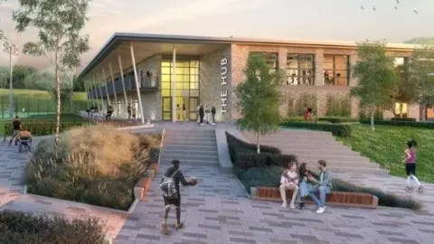 An artist's impression of The Hub, a two-storey building with large first-floor windows and a mixture of paving, steps and grassed areas outside.