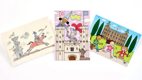 English Heritage Three postcards arranged next to each other. On the left is an illustration of a knight with a lance riding a horse past a tall tower. In the middle is a more cartoonish and brightly coloured illustration of a knight, a princess and a dog in a castle. On the right, three children run past the front of a palace.