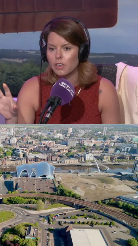 North East mayor Kim McGuinness in a radio studio getting interviewed with headphones on. The lower image shows Gateshead Quayside where the arena development is taking place.