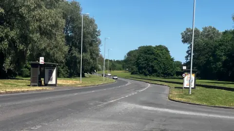 A bus stop on a two-lane road with lampposts and trees in the background.
