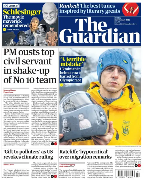 "PM ousts top civil servant in shake-up of No 10 team" reads the headline on the front page of the Guardian.