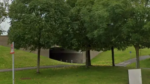 A view of the underpass in Cribbs Causeway in Bristol where a teenager was stabbed in May - it is a street view image with trees in the foreground and footpaths running into the concrete underpass through grass lawns