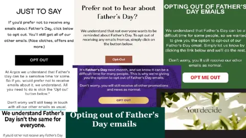 A compilation of emails various companies offering recipients the option to opt out of receiving marketing or promotional content related to Father’s Day. Each message provides a link or button to update communication preferences.