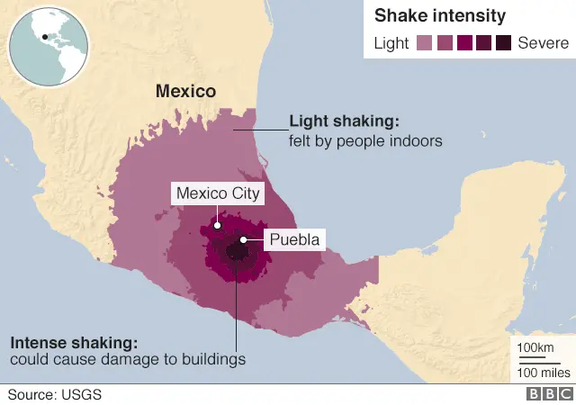 Map of shaking intensity of the 19 September earthquake