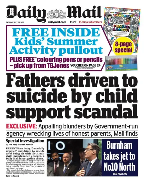 The headline on the front page of the Daily Mail reads: "Fathers driven to suicide by child support scandal".
