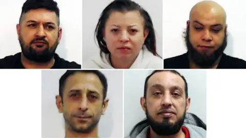 Police Scotland Five police mugshots of the grooming gang, four men and a woman: Marian Cumpanasoiu, Alexandra Bugonea, Remus Stan (top row) Cataline Dobre and Cristian Urlateanu (bottom row)