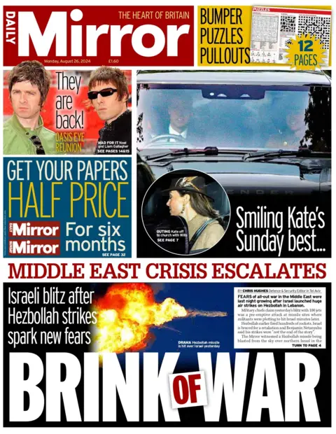 The Daily Mirror also leads on the situation in the Middle East, saying fears of an "all-out war" have been stoked by Israel's airstrikes on Hezbollah targets in Lebanon, and their retaliation. 