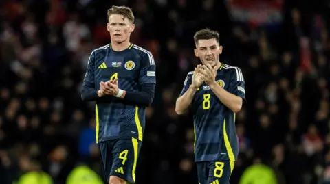 Scotland internationals Scott McTominay and Billy Gilmour in their Scotland kits during a Scotland game. 