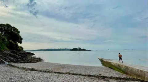 A calm seaside scene shows a pebbled beach and rocky shoreline leading to still water, with a small island in the distance and a person standing on a concrete jetty looking out to sea under a cloudy sky.